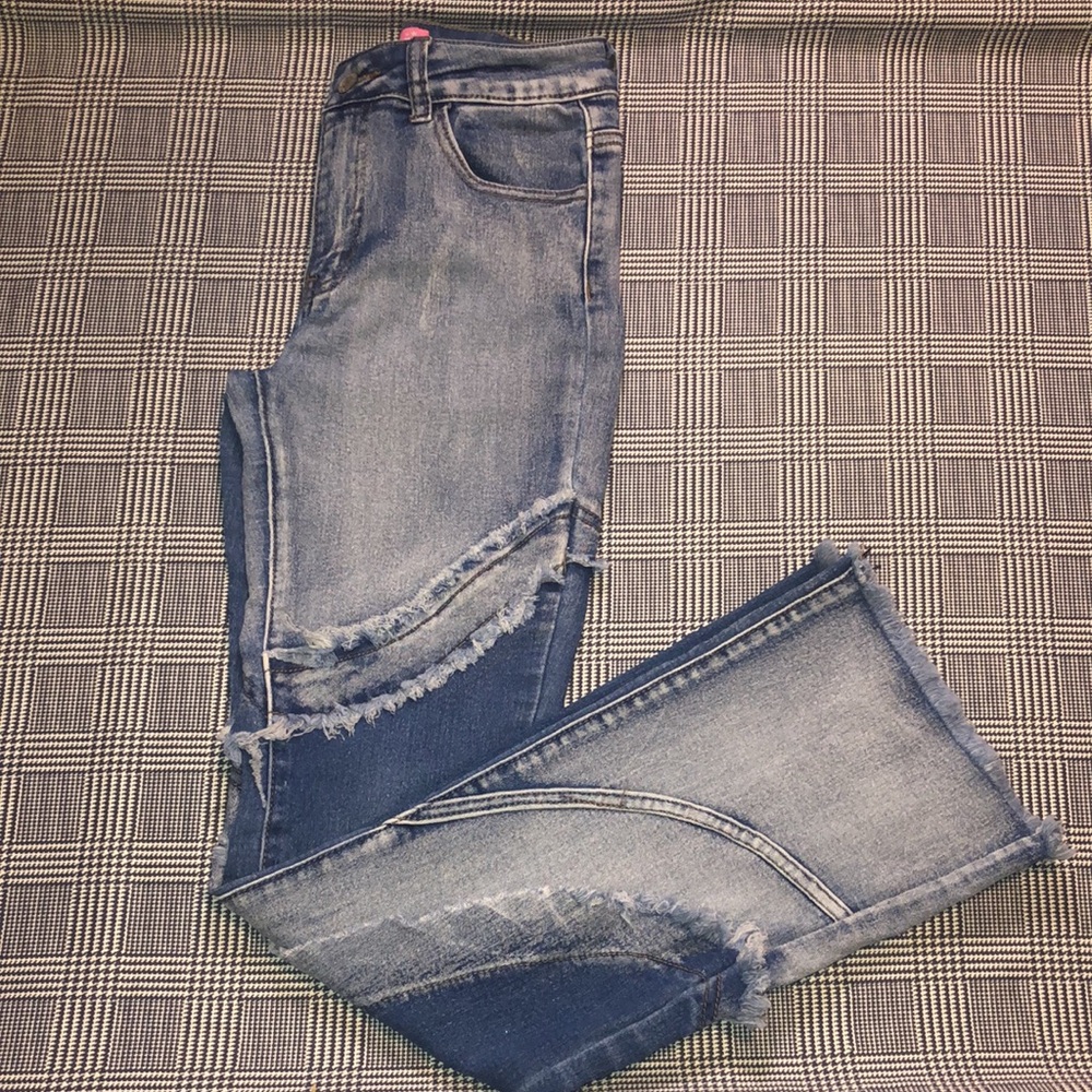 Girls Two-Tone Distressed & Bleach Faded Blue Jeans